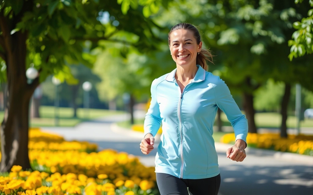 Donna felice che fa jogging al parco dopo aver raggiunto i suoi obiettivi di benessere
