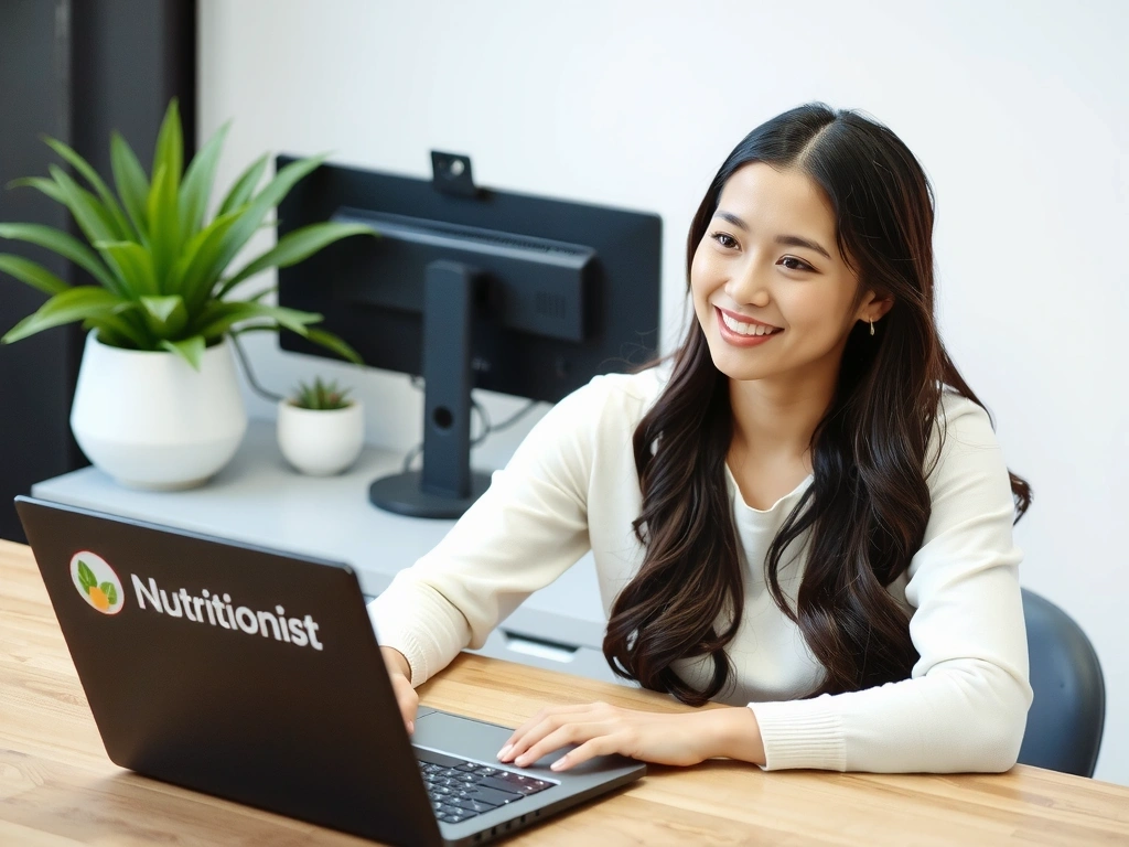 Donna sorridente che partecipa a una videochiamata di consulenza nutrizionale