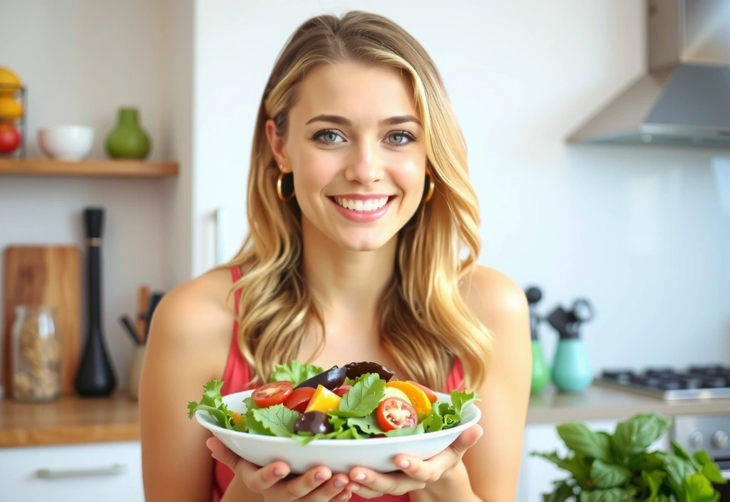 Donna che mangia una sana insalata sorridendo