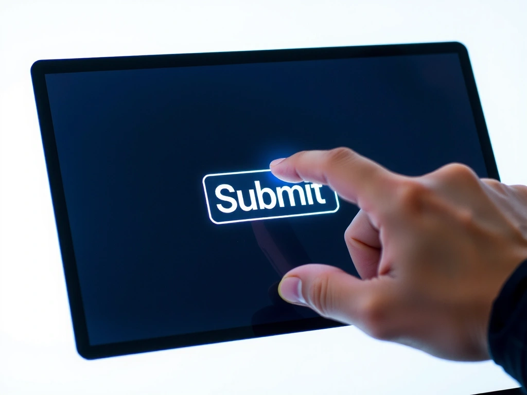 Mano che preme un pulsante 'Invia' su uno schermo digitale