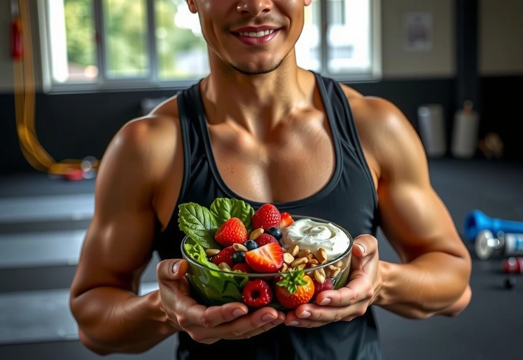 Atleta energico che tiene in mano una ciotola di cibo sano e colorato dopo un allenamento, con uno sfondo dinamico che suggerisce movimento e performance sportiva.