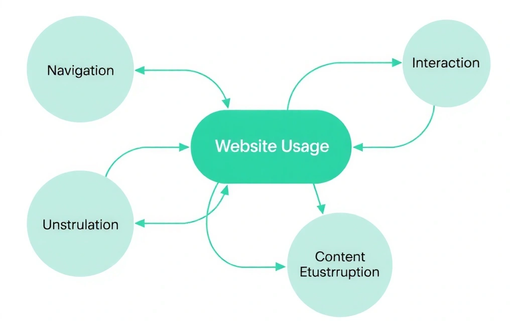 Un diagramma di flusso stilizzato che rappresenta il processo di utilizzo del sito web, con icone di navigazione, consultazione e interazione. Colori moderni e puliti.
