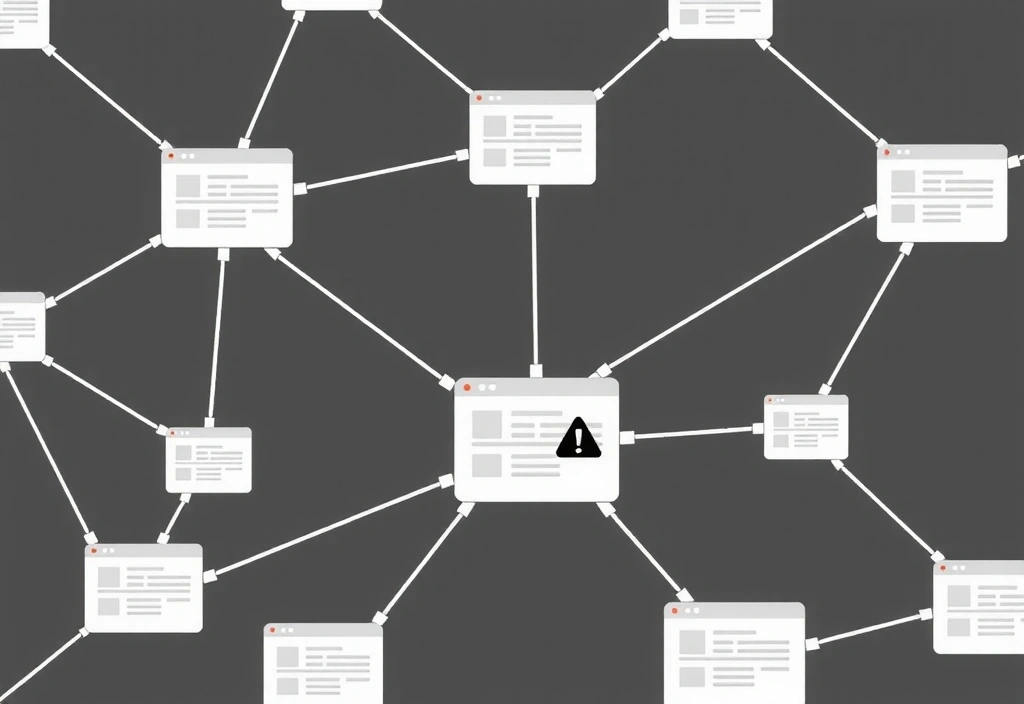 Una rete di siti web interconnessi con un'icona di avvertimento, che illustra il concetto di link esterni e la necessità di cautela.