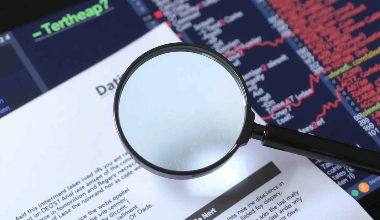 Una lente d'ingrandimento che esamina un documento digitale, con pixel e codice sfocati sullo sfondo, a simboleggiare l'attenzione alla precisione e l'analisi dei dati.